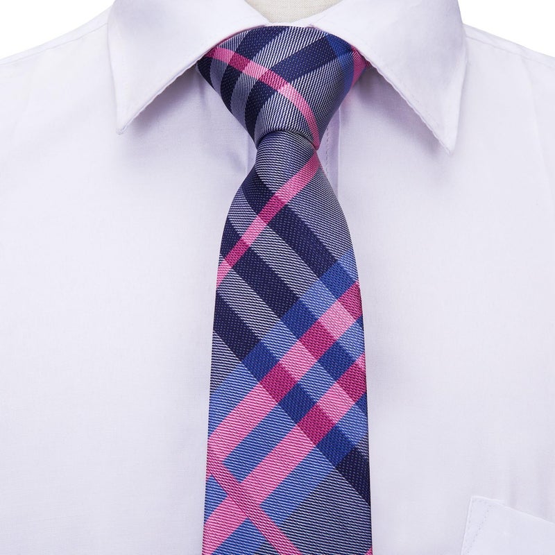 Dubulle Ties for Boys Blue Pink Self Tie Silk Plaid Kids Necktie and Pocket Square Set for Age 8-11 - Image 5